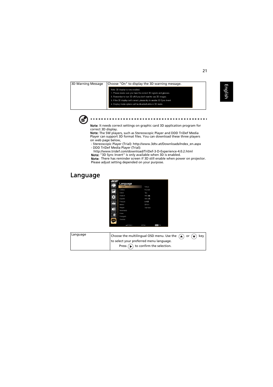 Language | Acer K130 User Manual | Page 31 / 50