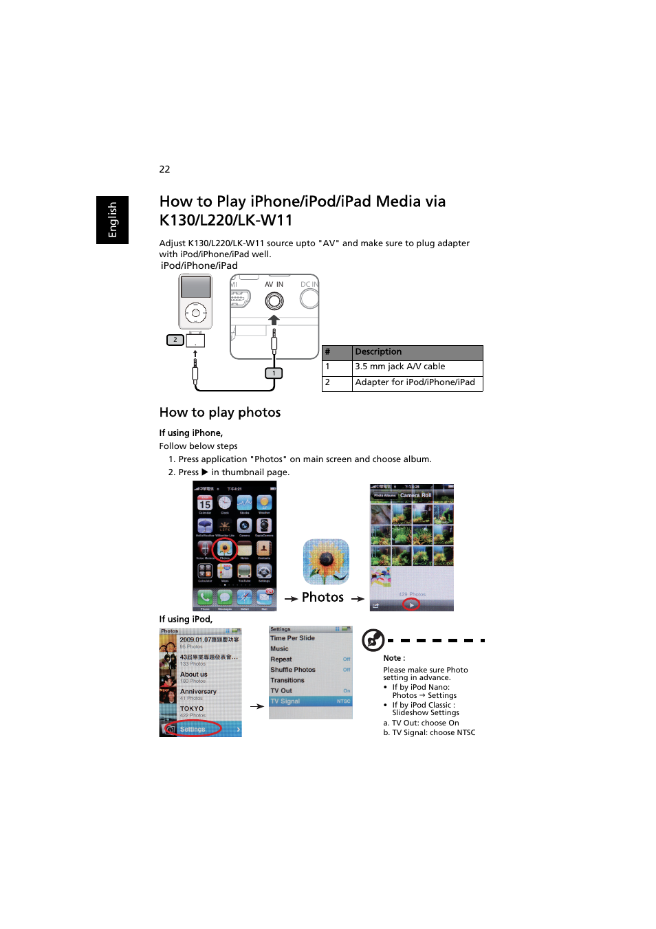 How to play photos, Photos | Acer K130 User Manual | Page 32 / 50