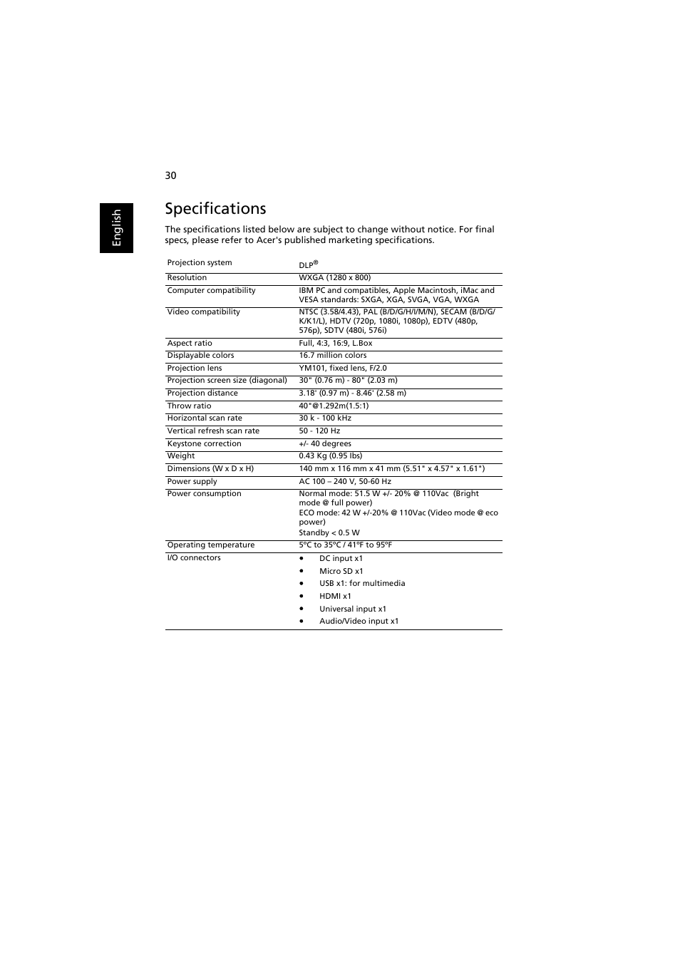 Specifications, En gl ish | Acer K130 User Manual | Page 40 / 50