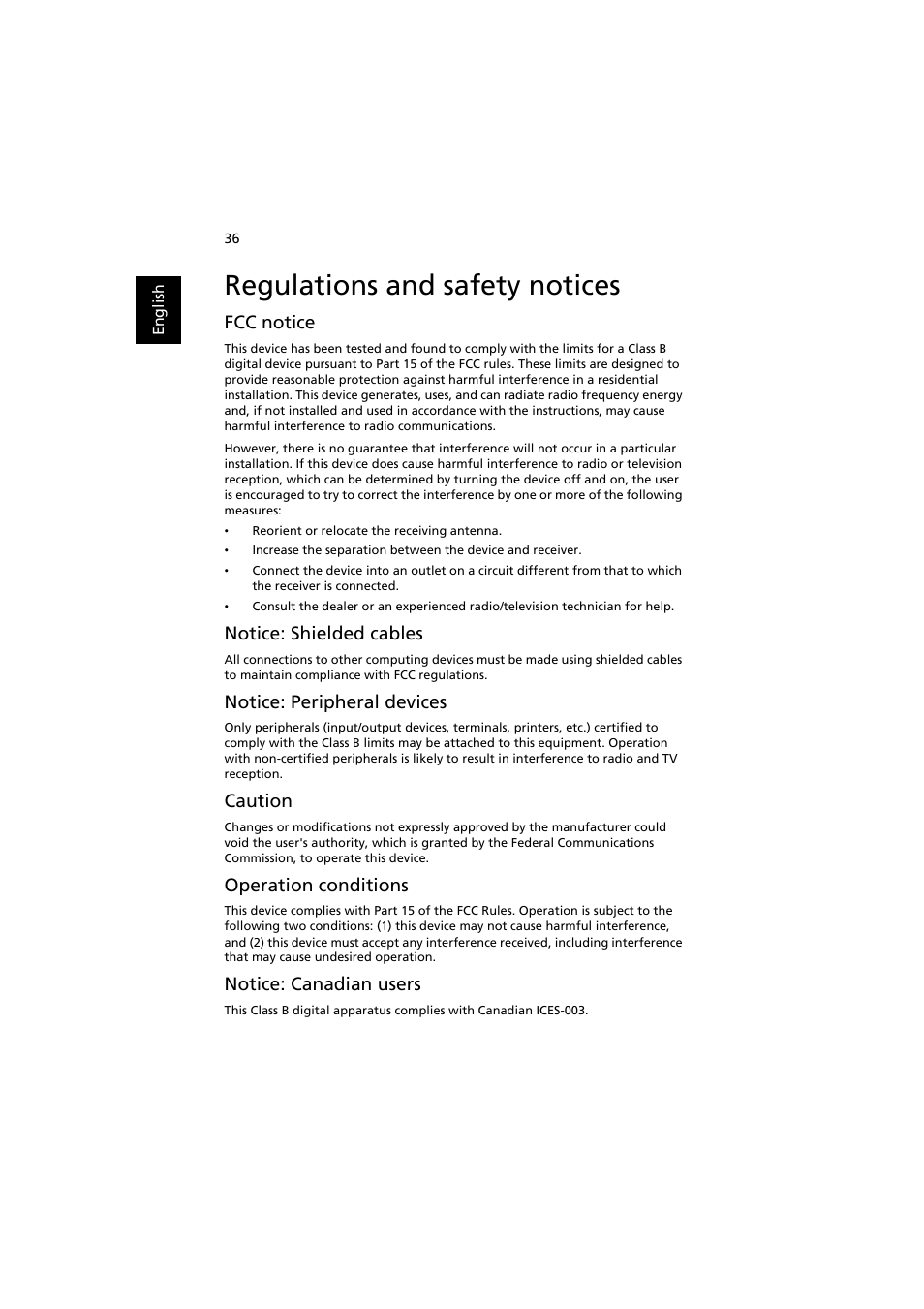 Regulations and safety notices, Fcc notice, Notice: shielded cables | Notice: peripheral devices, Caution, Operation conditions, Notice: canadian users | Acer K130 User Manual | Page 46 / 50