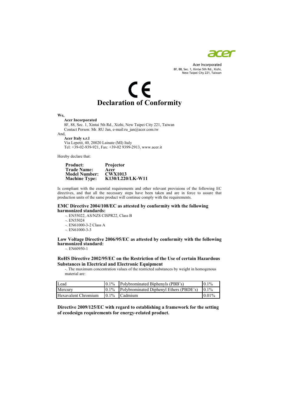 Declaration of conformity | Acer K130 User Manual | Page 48 / 50