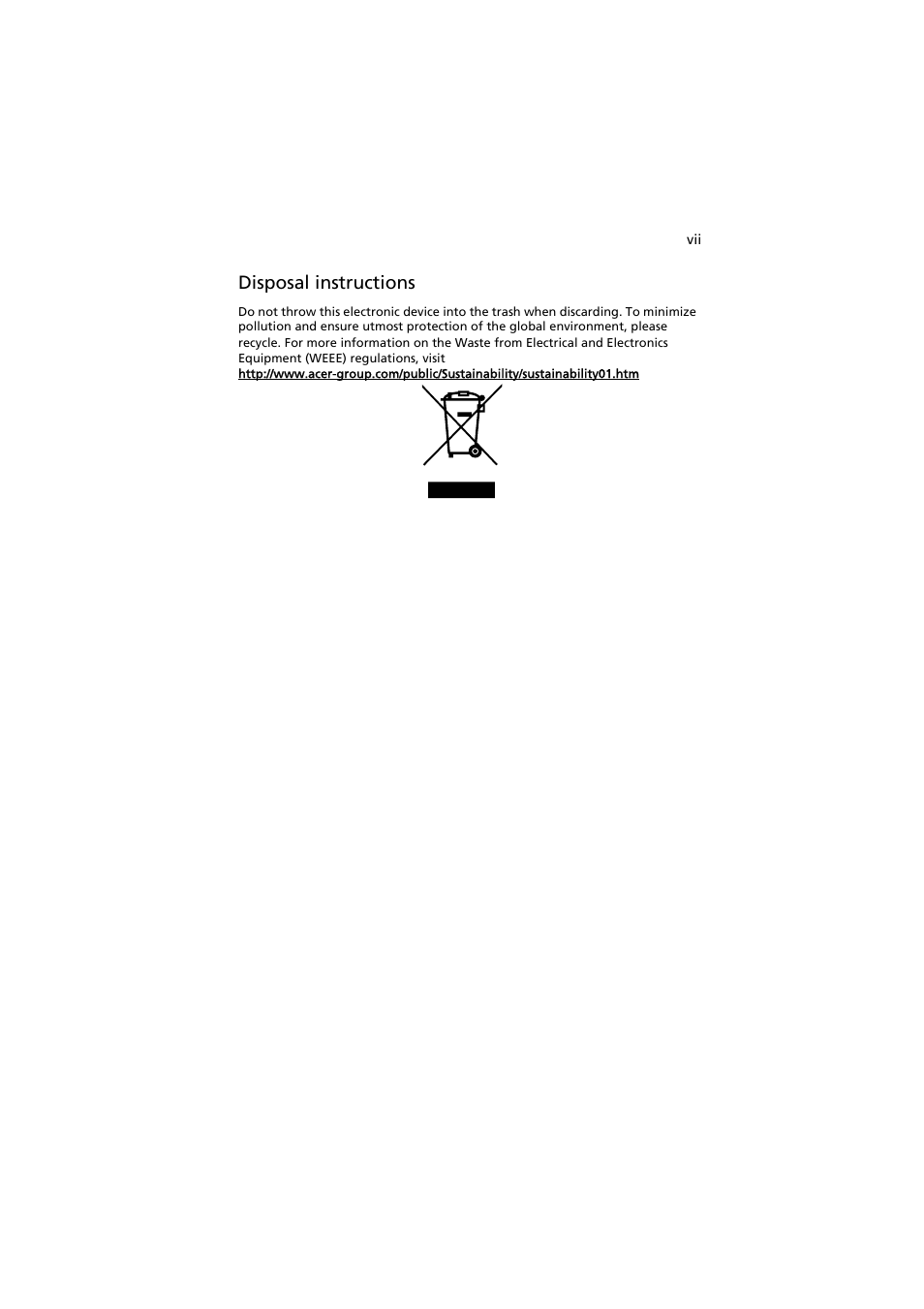 Disposal instructions | Acer K130 User Manual | Page 7 / 50