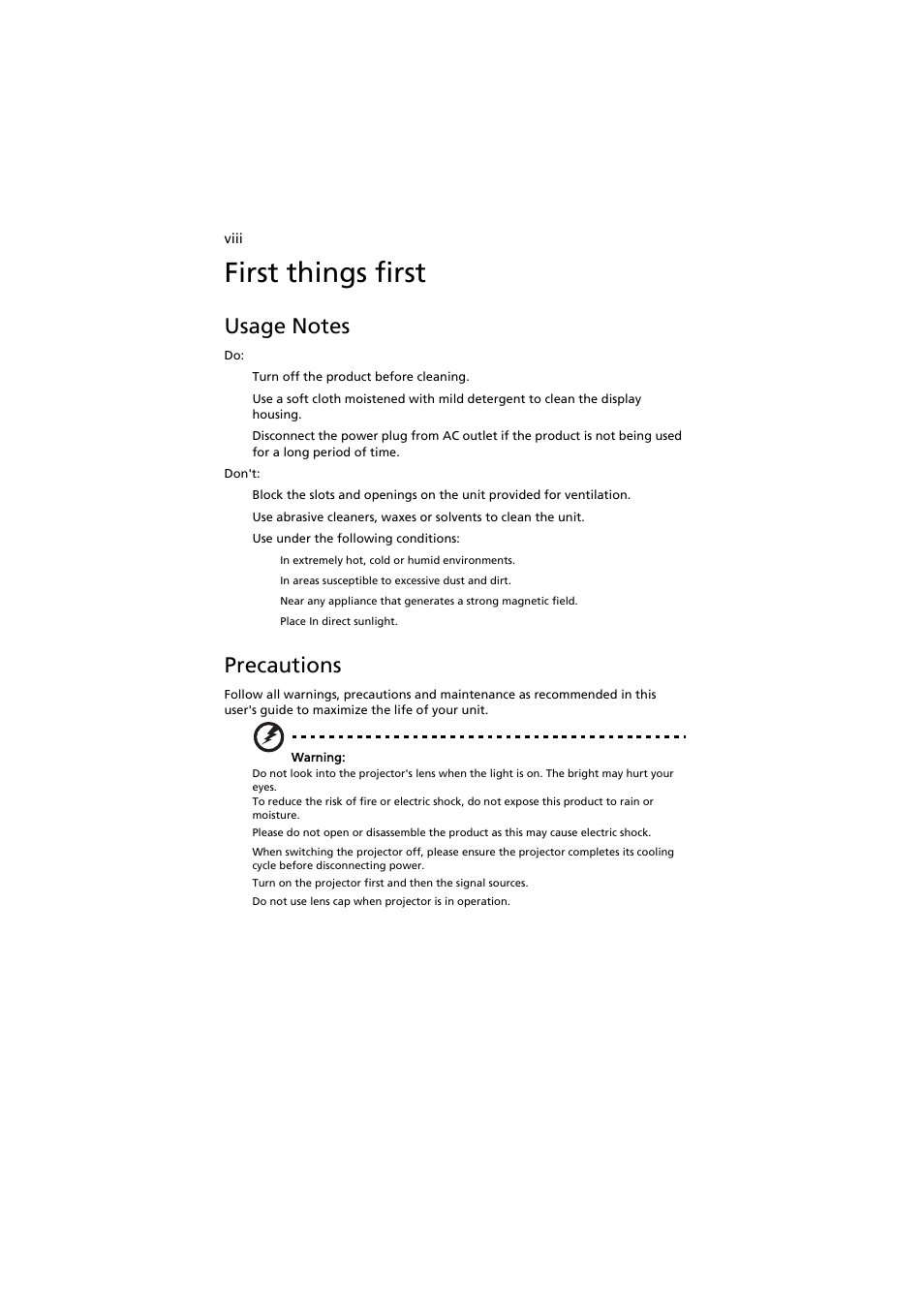 First things first, Usage notes, Precautions | Acer K130 User Manual | Page 8 / 50