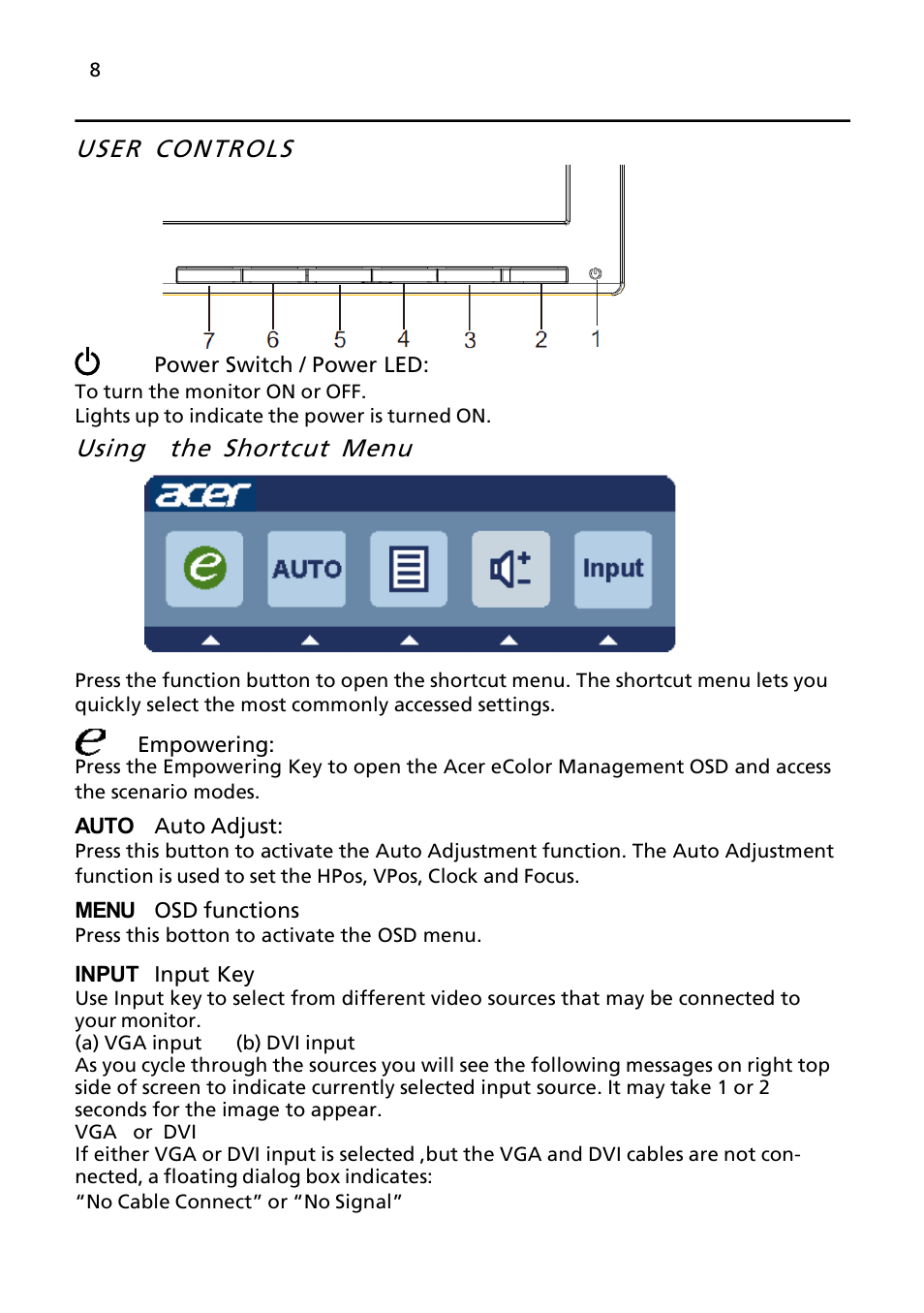 User controls, Using the shortcut menu | Acer K272HL User Manual | Page 20 / 27