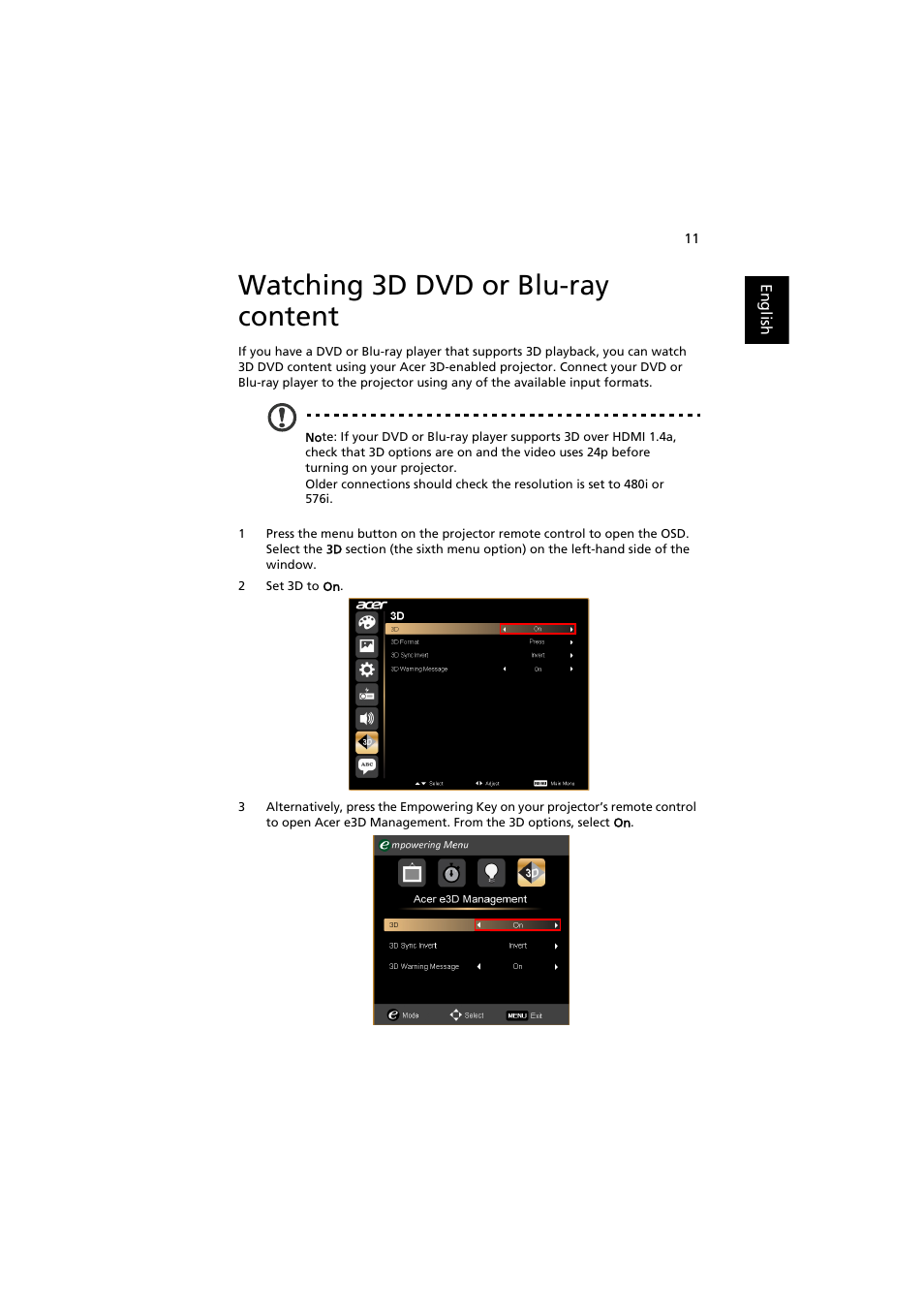 Watching 3d dvd or blu-ray content | Acer K135 User Manual | Page 11 / 13