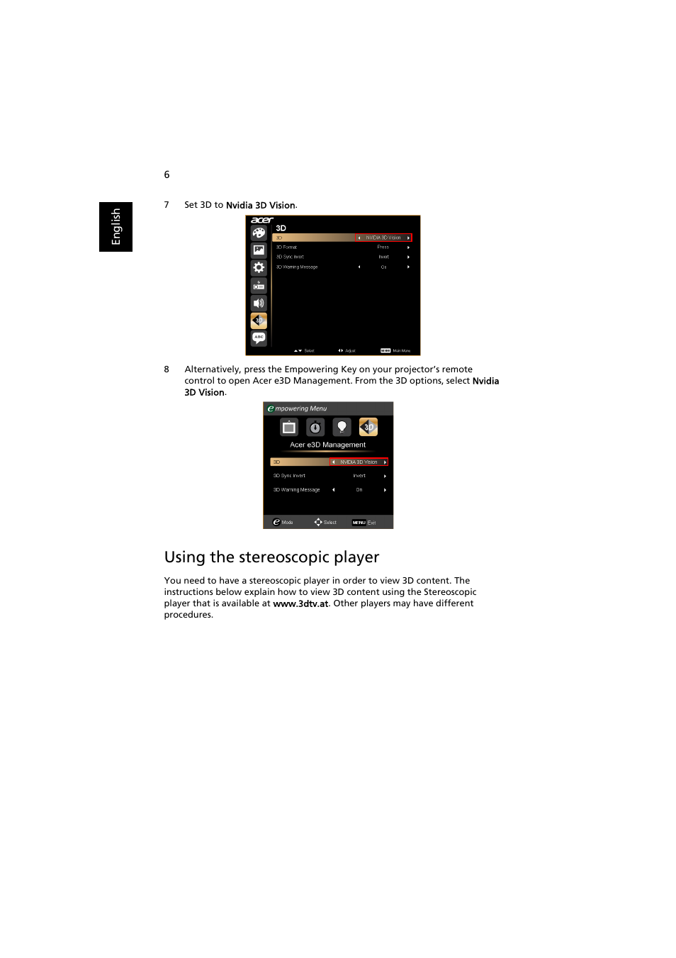 Using the stereoscopic player | Acer K135 User Manual | Page 6 / 13