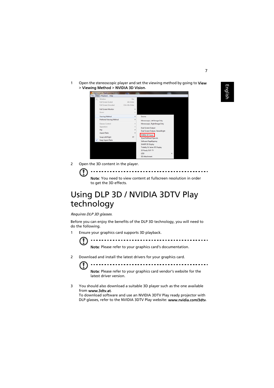 Using dlp 3d / nvidia 3dtv play technology | Acer K135 User Manual | Page 7 / 13