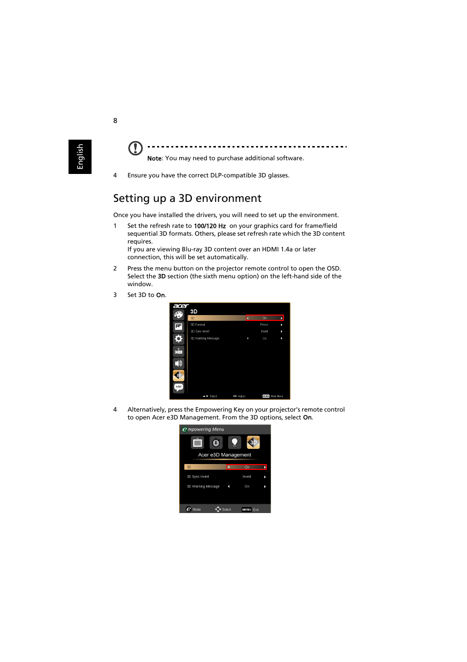 Setting up a 3d environment | Acer K135 User Manual | Page 8 / 13