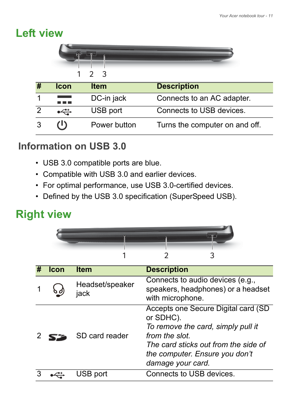 Left view, Information on usb 3.0, Right view | Acer Aspire V7-481P User Manual | Page 11 / 94