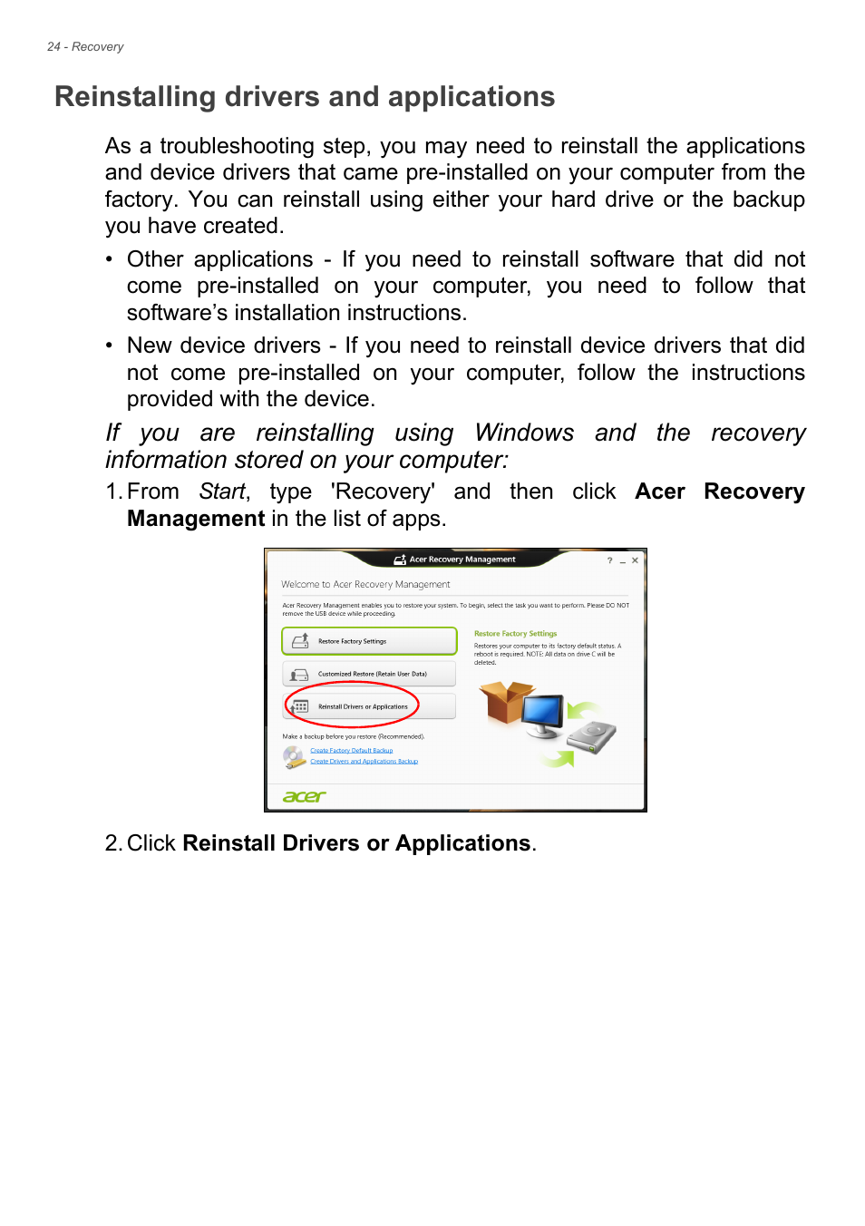 Reinstalling drivers and applications | Acer Aspire V7-481P User Manual | Page 24 / 94