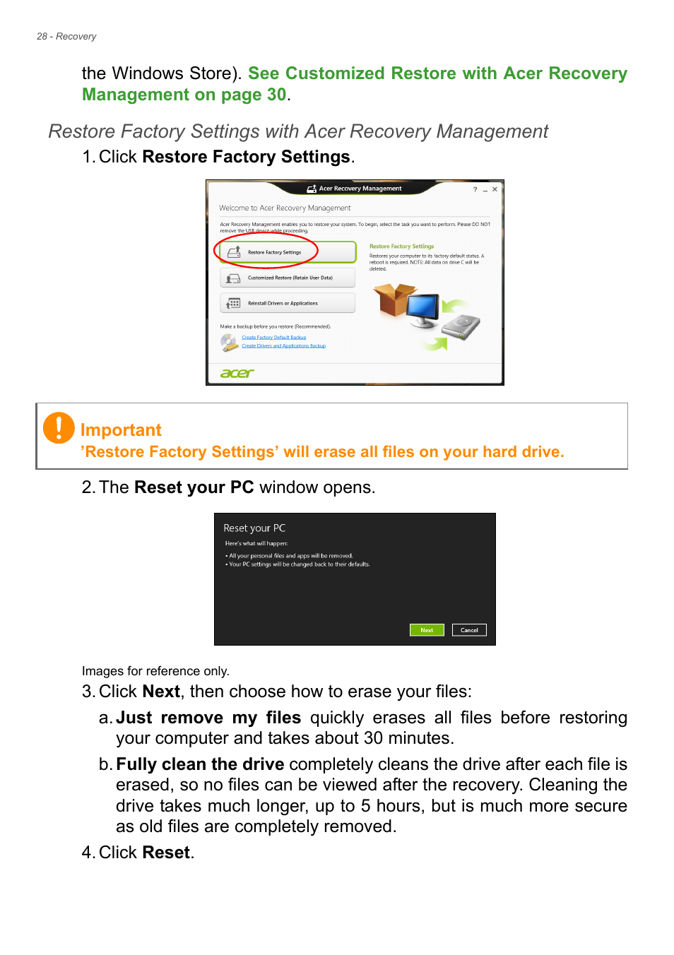 Back them up now, See restore factory settings with acer | Acer Aspire V7-481P User Manual | Page 28 / 94