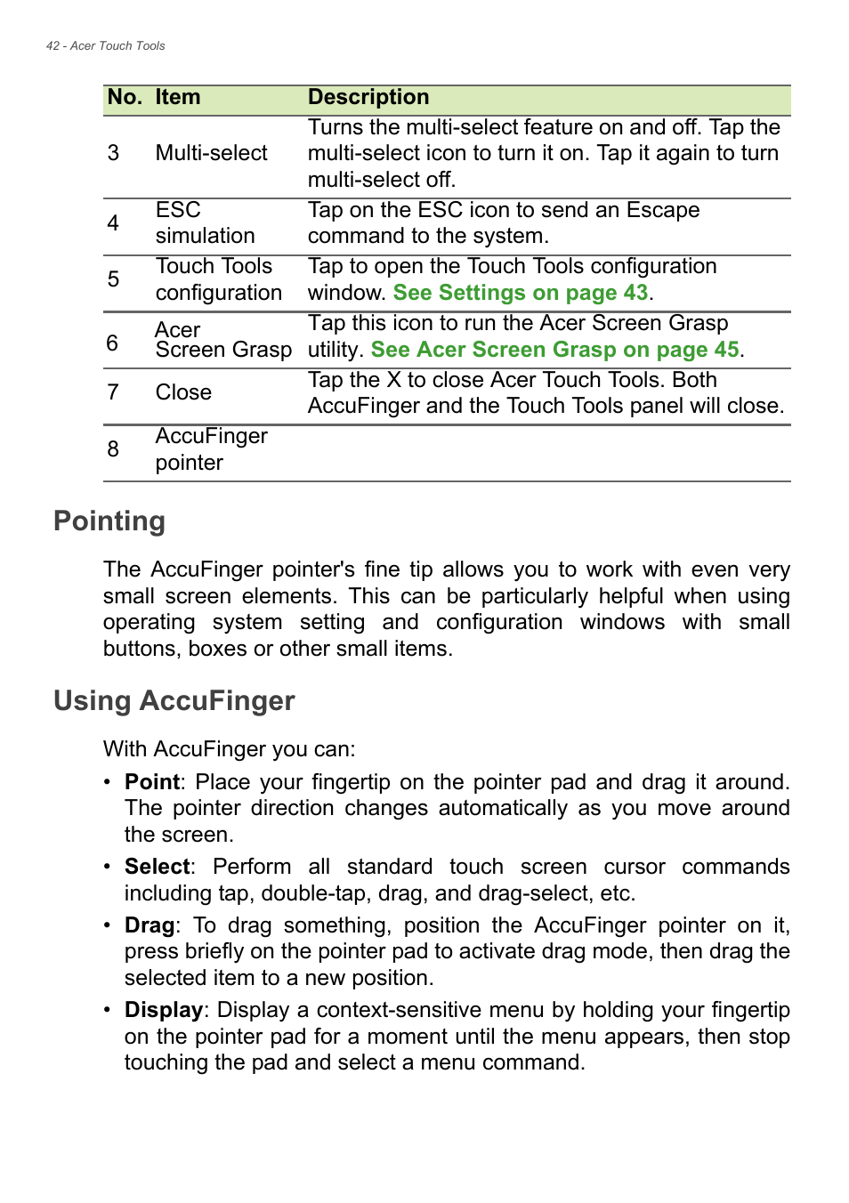 Pointing, Using accufinger, Pointing using accufinger | Acer Aspire V7-481P User Manual | Page 42 / 94