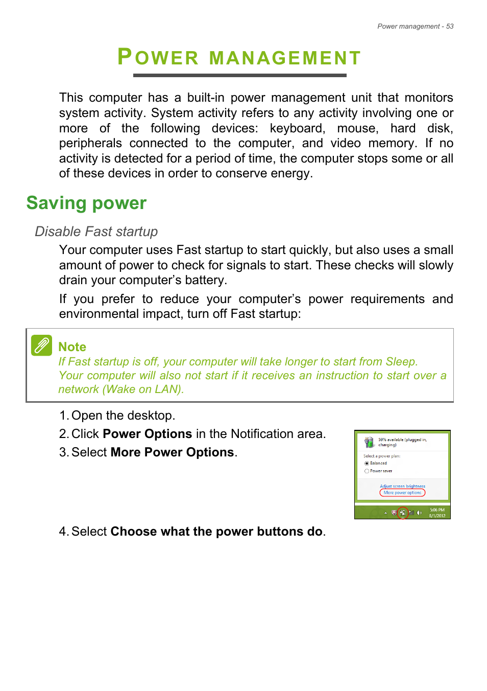 Power management, Saving power, Ower | Management | Acer Aspire V7-481P User Manual | Page 53 / 94