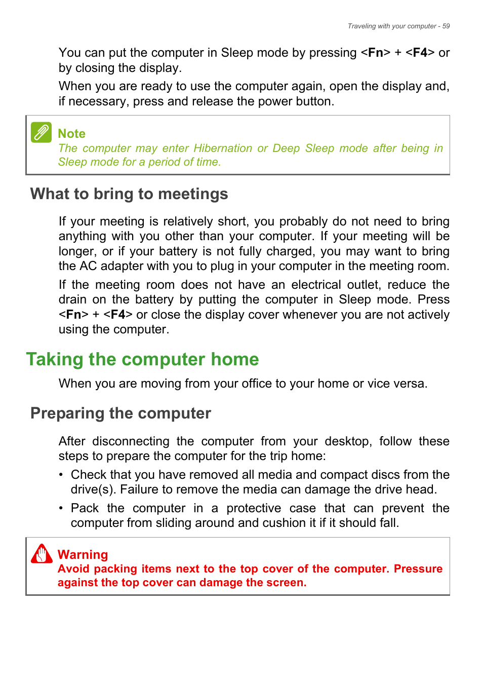 What to bring to meetings, Taking the computer home, Preparing the computer | Acer Aspire V7-481P User Manual | Page 59 / 94