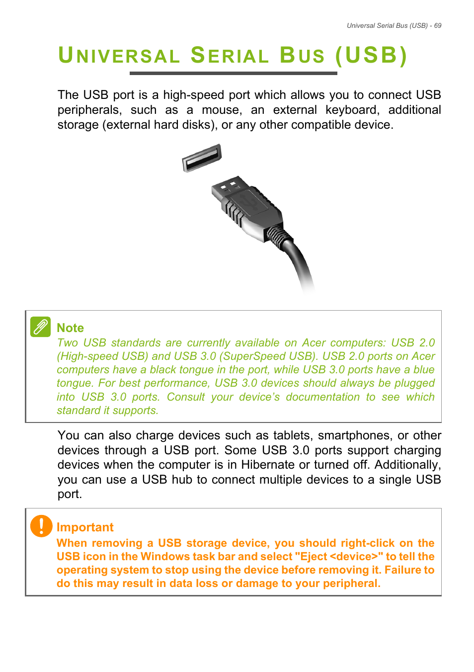 Universal serial bus (usb), Usb), Niversal | Erial | Acer Aspire V7-481P User Manual | Page 69 / 94