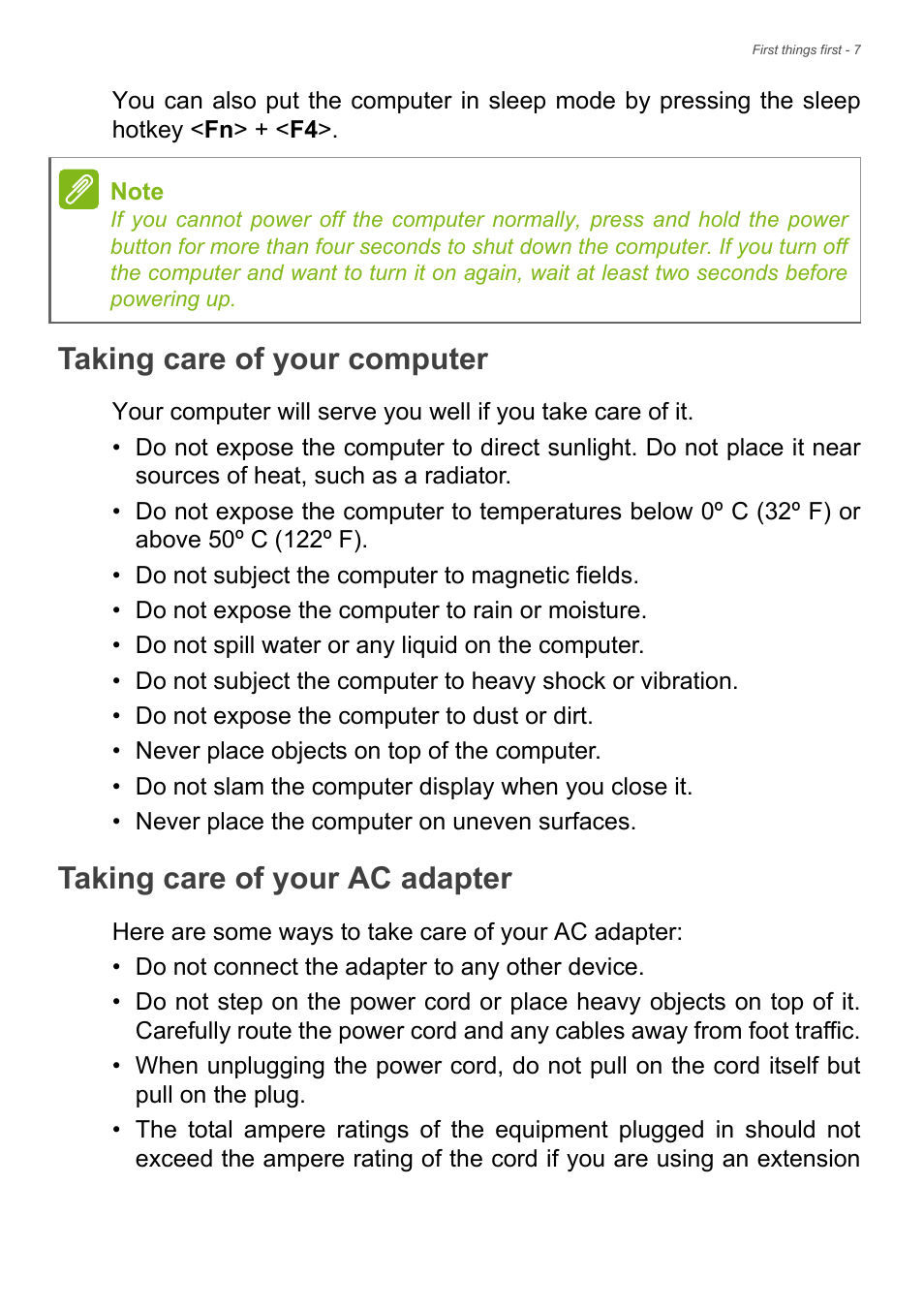 Taking care of your computer, Taking care of your ac adapter | Acer Aspire V7-481P User Manual | Page 7 / 94