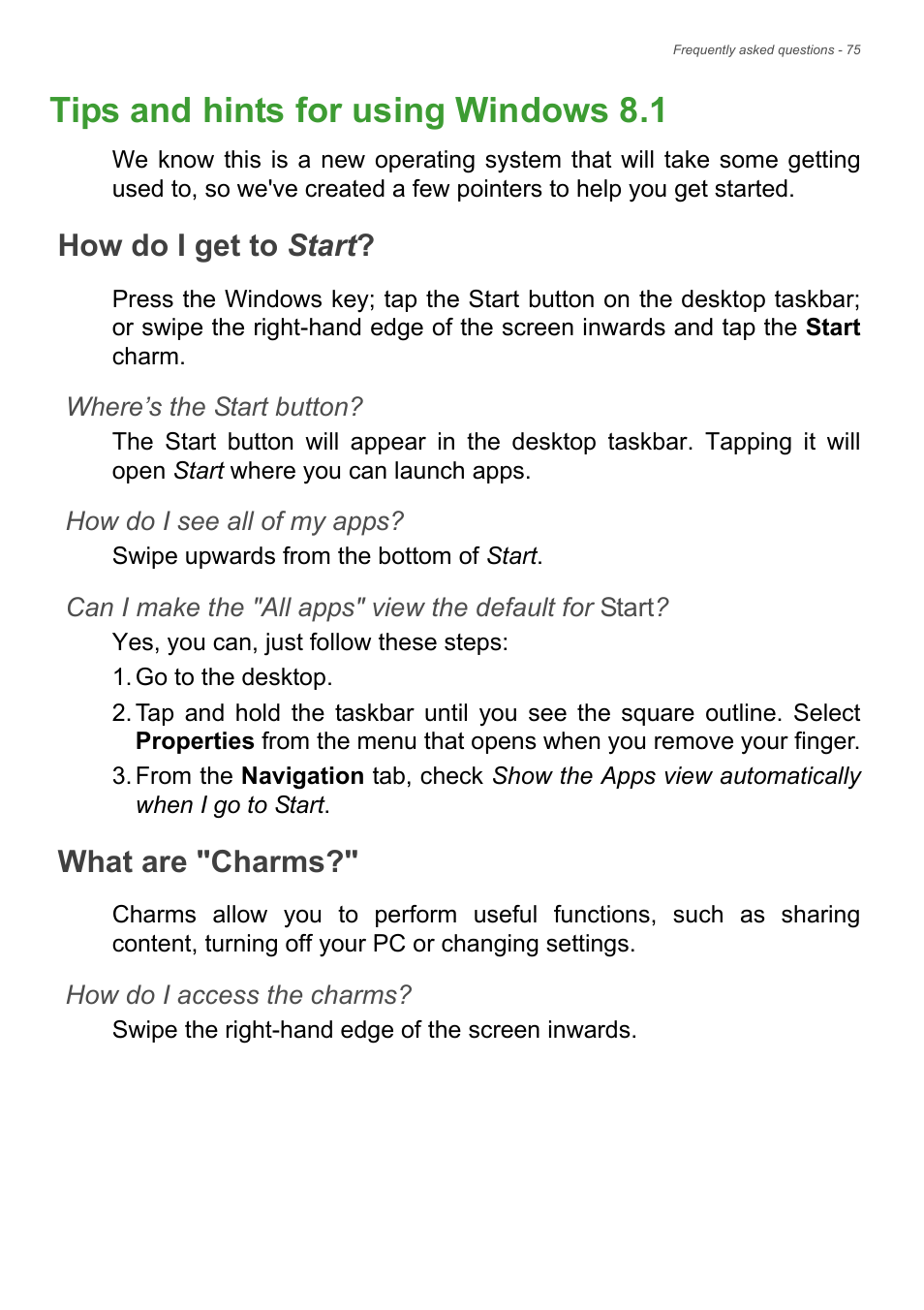 Tips and hints for using windows 8.1, How do i get to start, What are "charms | How do i get to start? what are "charms | Acer Aspire V7-481P User Manual | Page 75 / 94