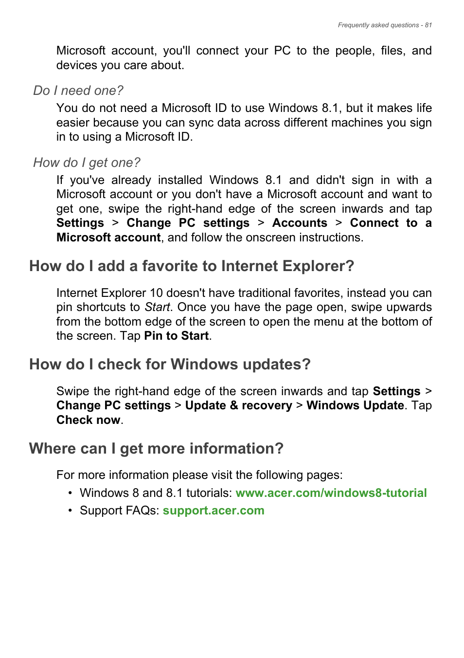 How do i add a favorite to internet explorer, How do i check for windows updates, Where can i get more information | Acer Aspire V7-481P User Manual | Page 81 / 94