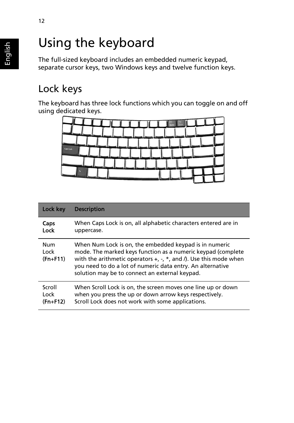 Using the keyboard, Lock keys | Acer TravelMate 8100 User Manual | Page 22 / 86