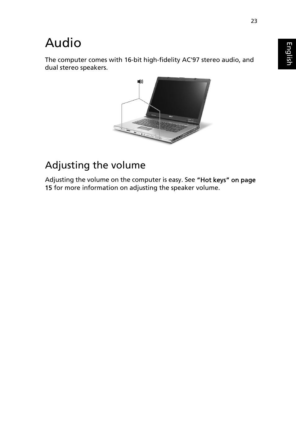 Audio, Adjusting the volume | Acer TravelMate 8100 User Manual | Page 33 / 86