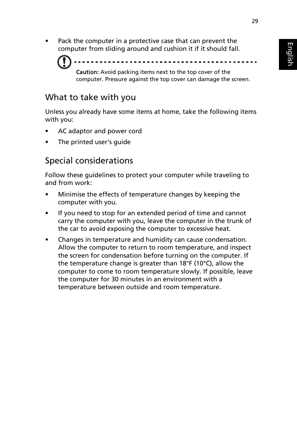 What to take with you, Special considerations | Acer TravelMate 8100 User Manual | Page 39 / 86