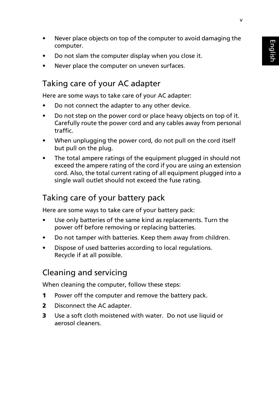 Taking care of your ac adapter, Taking care of your battery pack, Cleaning and servicing | Acer TravelMate 8100 User Manual | Page 5 / 86