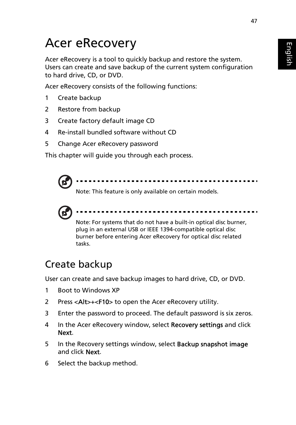 Acer erecovery, Create backup | Acer TravelMate 8100 User Manual | Page 57 / 86