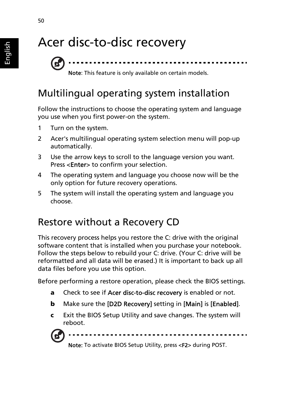 Acer disc-to-disc recovery, Multilingual operating system installation, Restore without a recovery cd | Acer TravelMate 8100 User Manual | Page 60 / 86