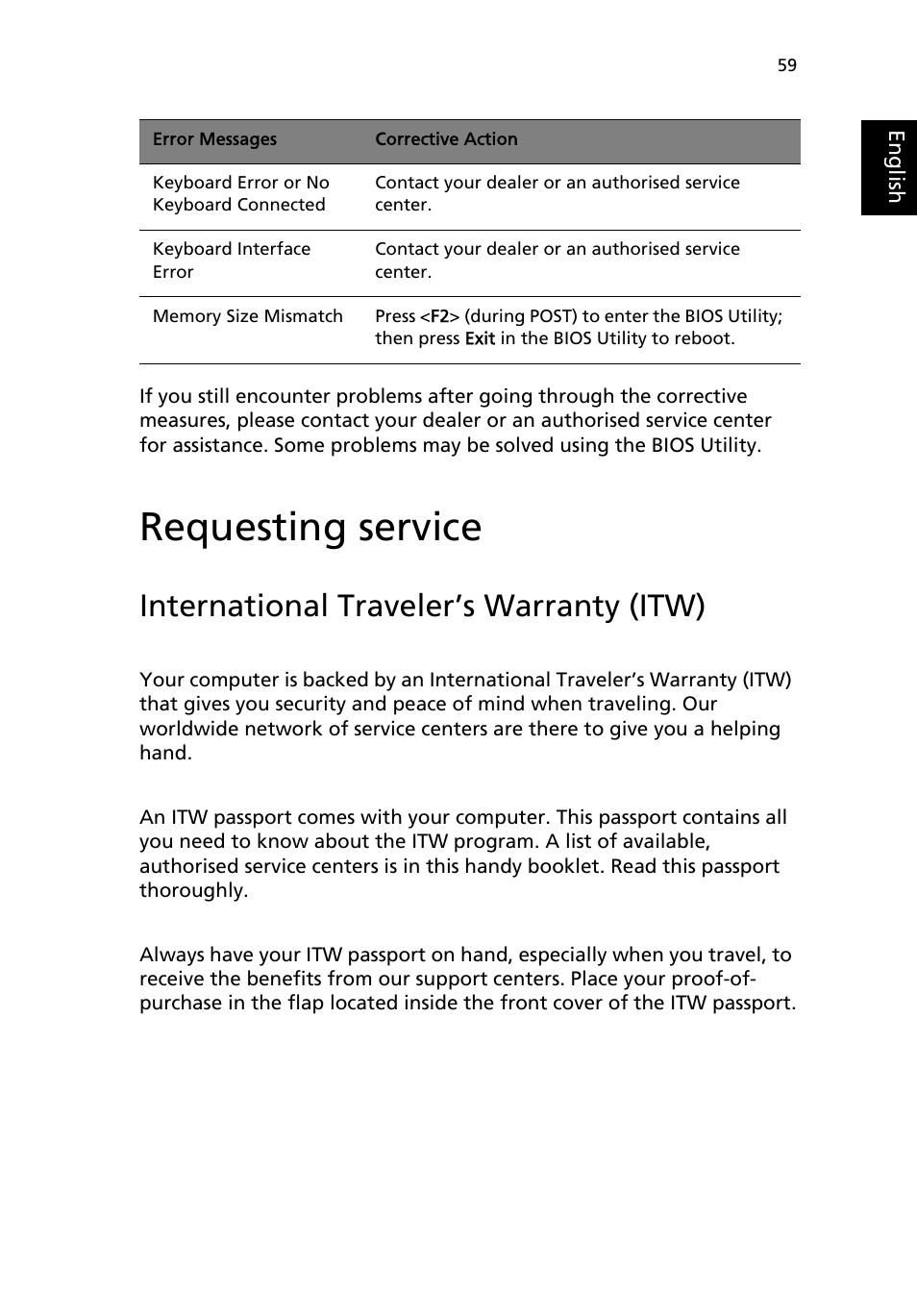 Requesting service, International traveler’s warranty (itw) | Acer TravelMate 8100 User Manual | Page 69 / 86