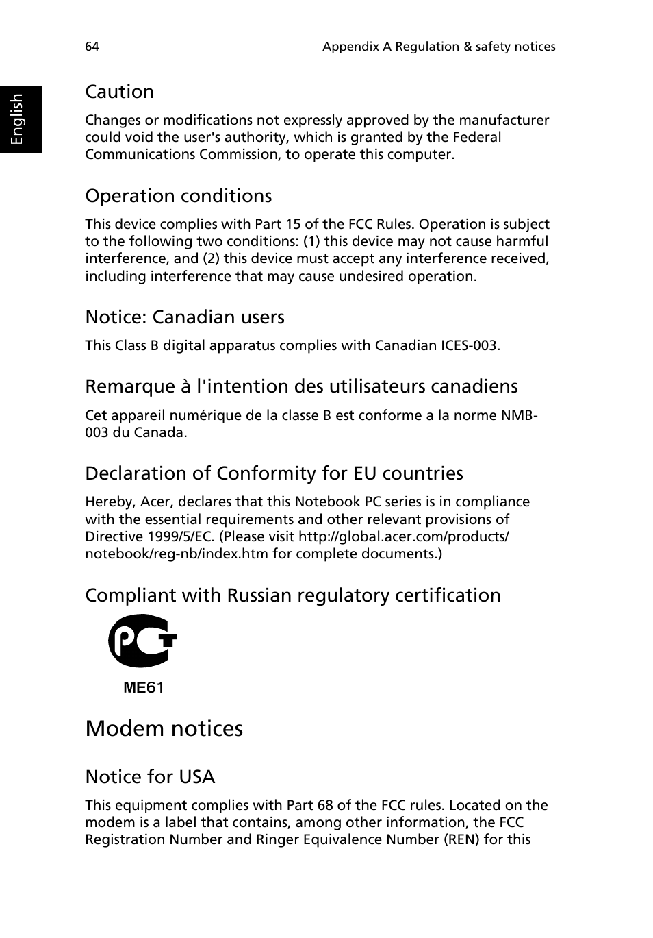 Modem notices, Caution, Operation conditions | Notice: canadian users, Remarque à l'intention des utilisateurs canadiens, Declaration of conformity for eu countries, Compliant with russian regulatory certification, Notice for usa | Acer TravelMate 8100 User Manual | Page 74 / 86