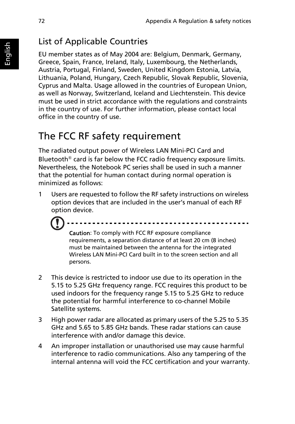 The fcc rf safety requirement, List of applicable countries | Acer TravelMate 8100 User Manual | Page 82 / 86