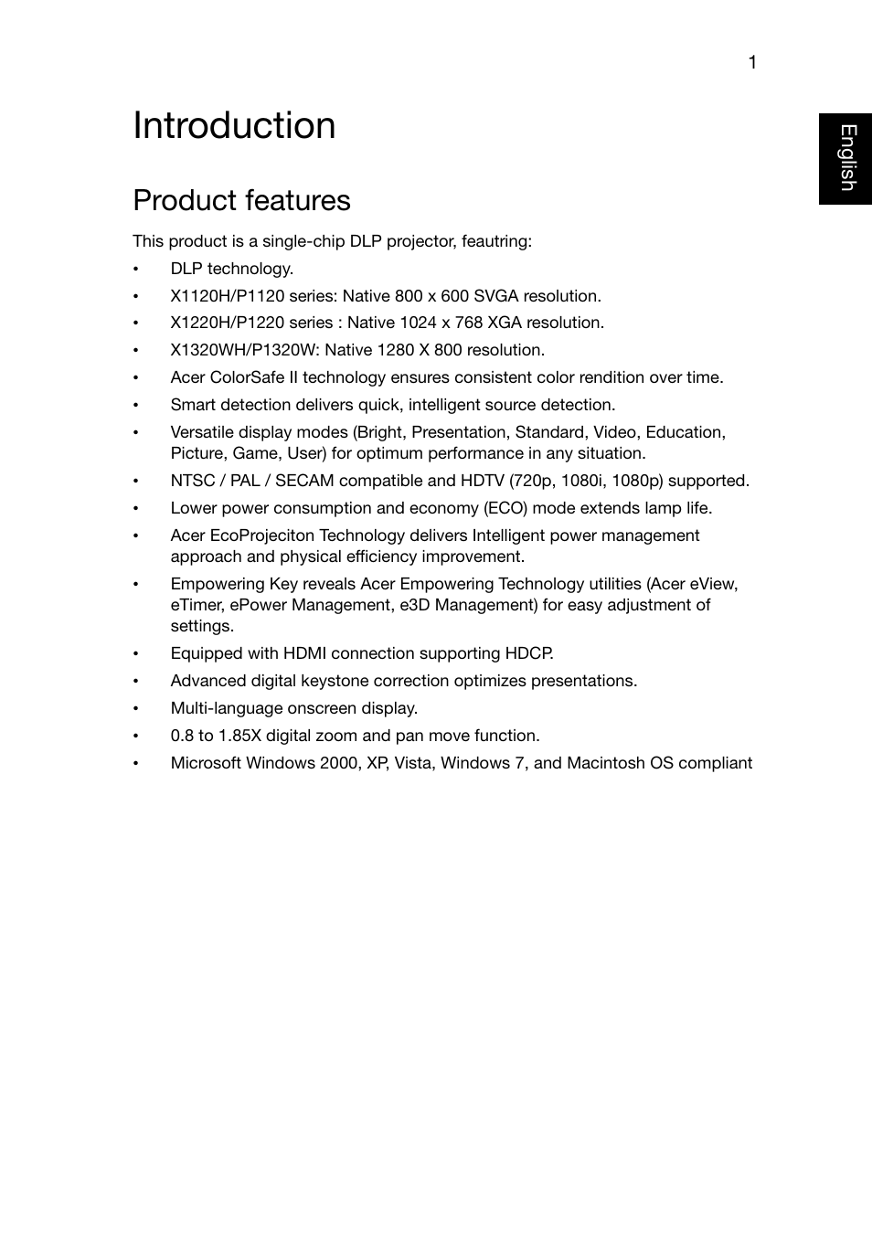 Introduction, Product features | Acer P1320W User Manual | Page 10 / 67