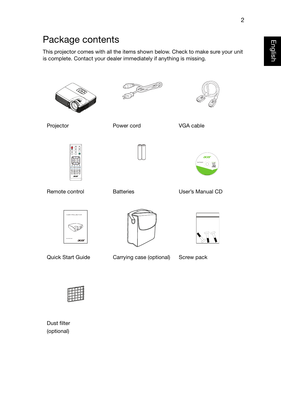 Package contents, Eng lish english | Acer P1320W User Manual | Page 11 / 67