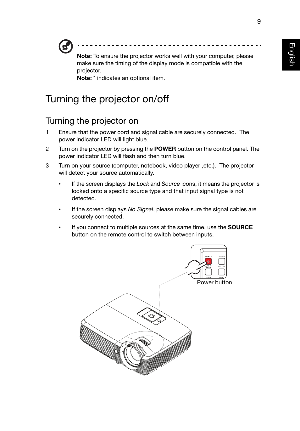 Turning the projector on/off, Turning the projector on | Acer P1320W User Manual | Page 18 / 67