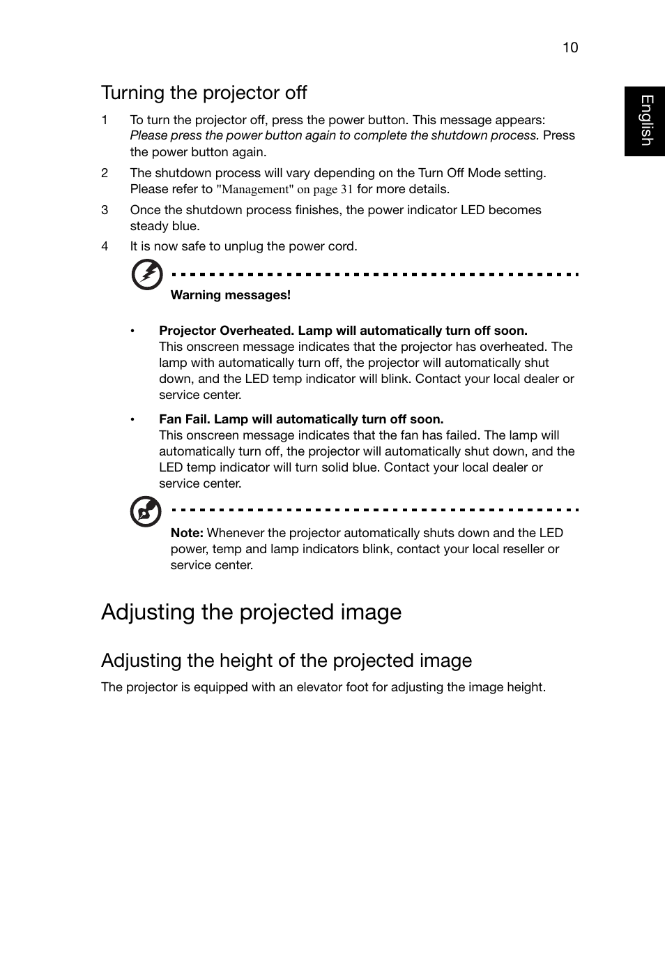 Adjusting the projected image, Turning the projector off, Adjusting the height of the projected image | Acer P1320W User Manual | Page 19 / 67