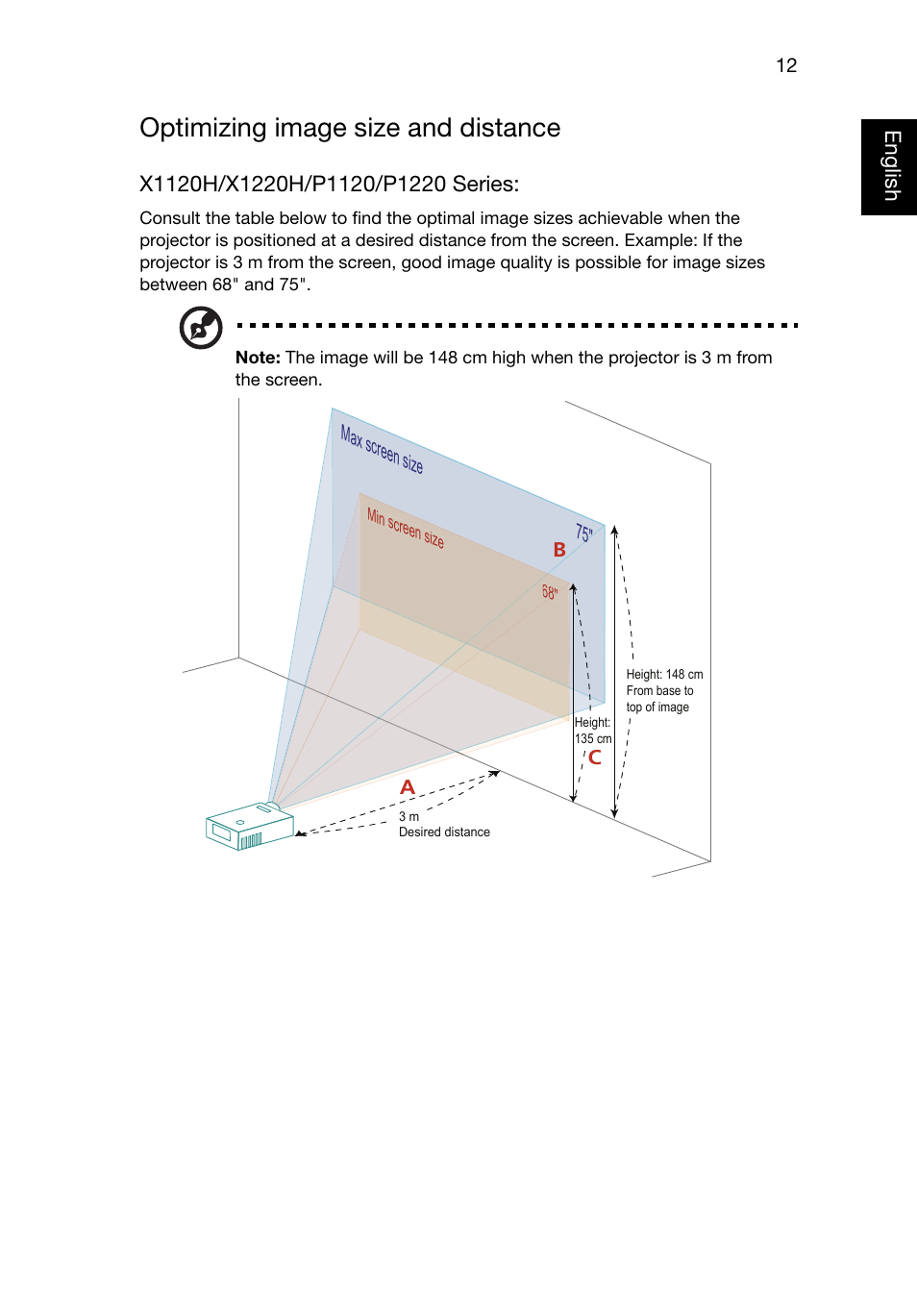 Optimizing image size and distance | Acer P1320W User Manual | Page 21 / 67