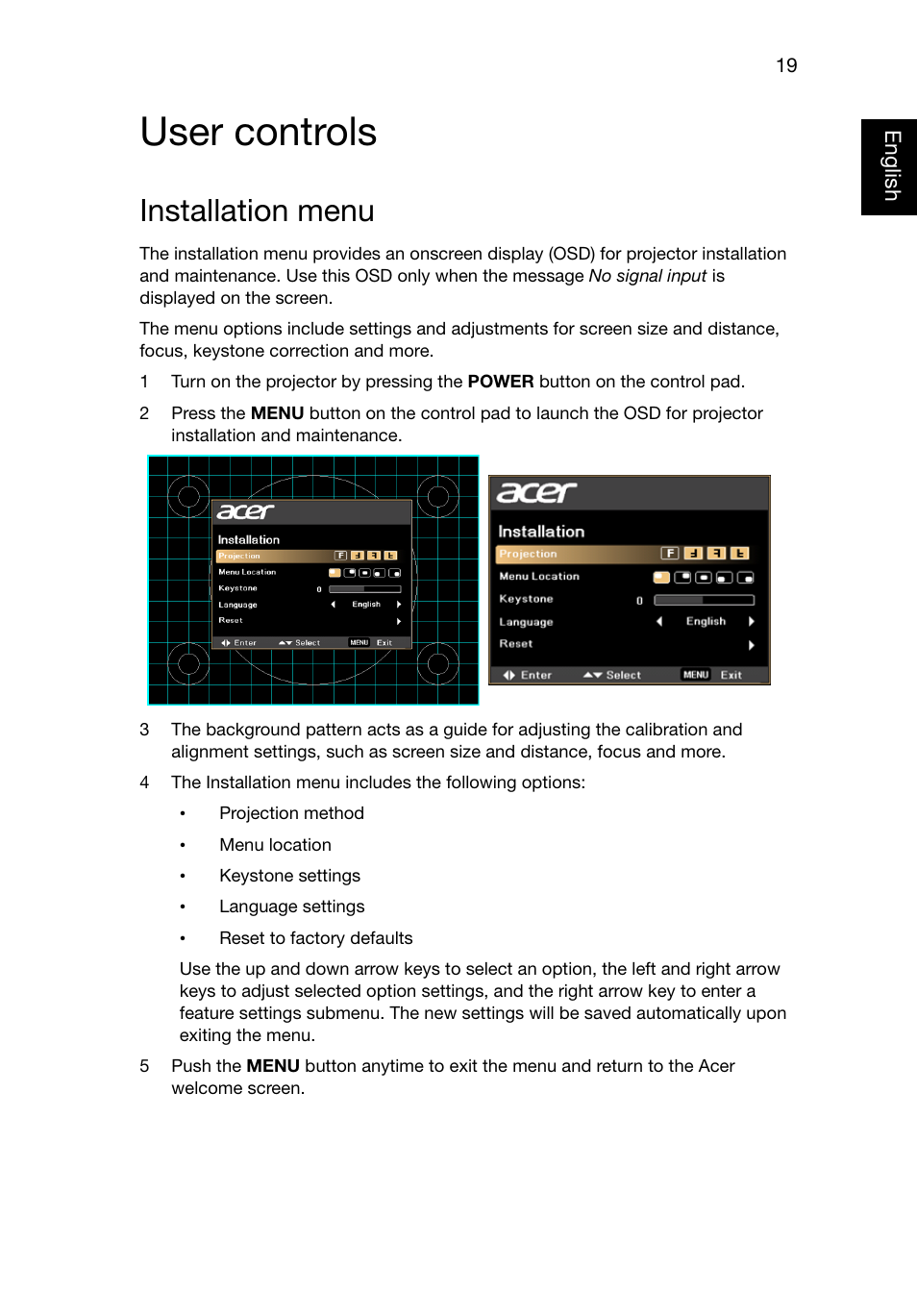 User controls, Installation menu | Acer P1320W User Manual | Page 28 / 67