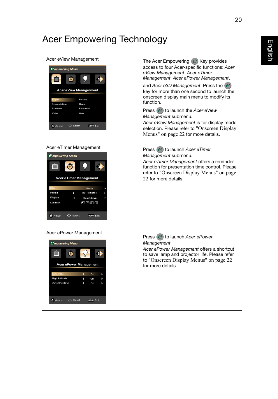 Acer empowering technology, Eng lish english | Acer P1320W User Manual | Page 29 / 67