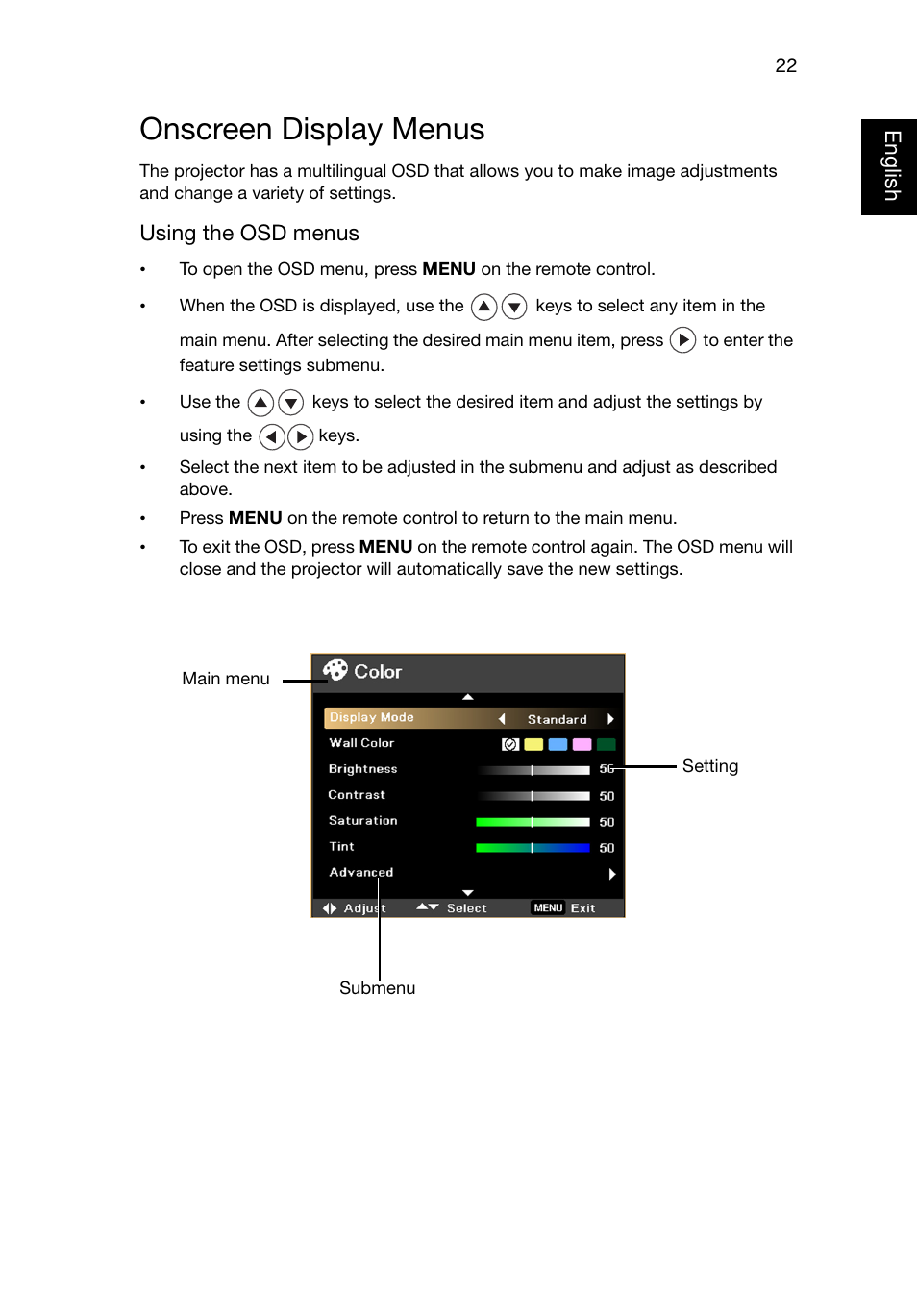 Onscreen display menus, Onscreen display | Acer P1320W User Manual | Page 31 / 67