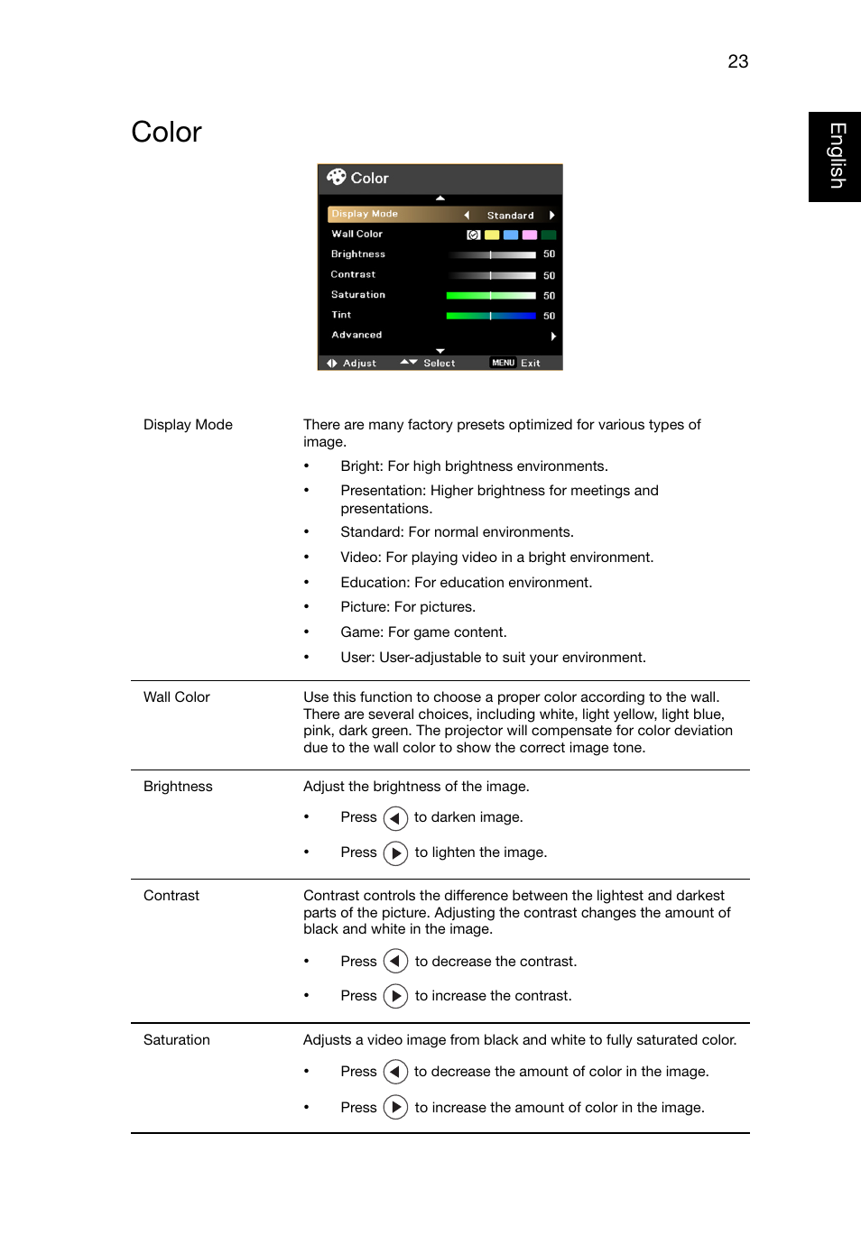 Color, Eng lish english | Acer P1320W User Manual | Page 32 / 67