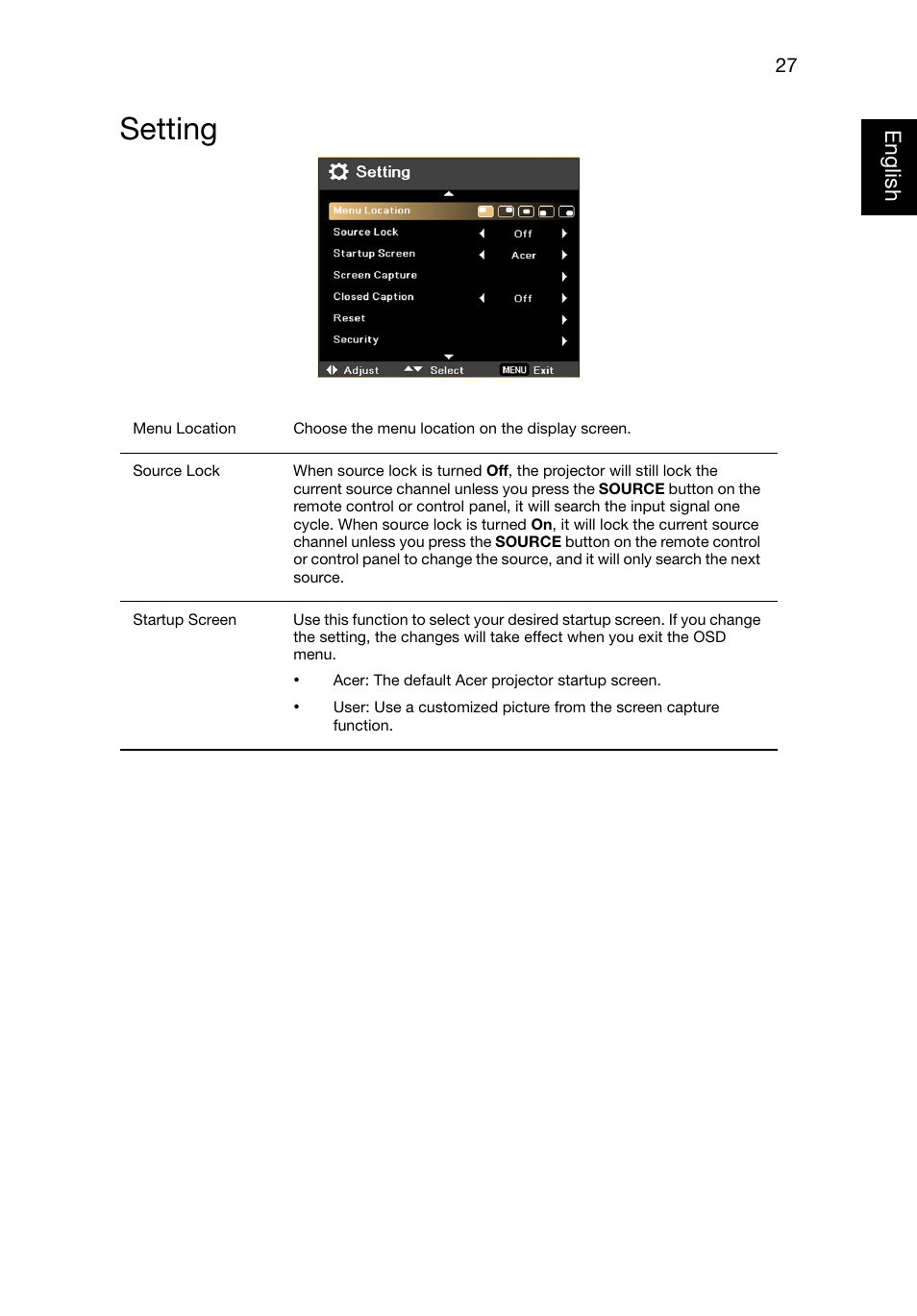 Setting | Acer P1320W User Manual | Page 36 / 67