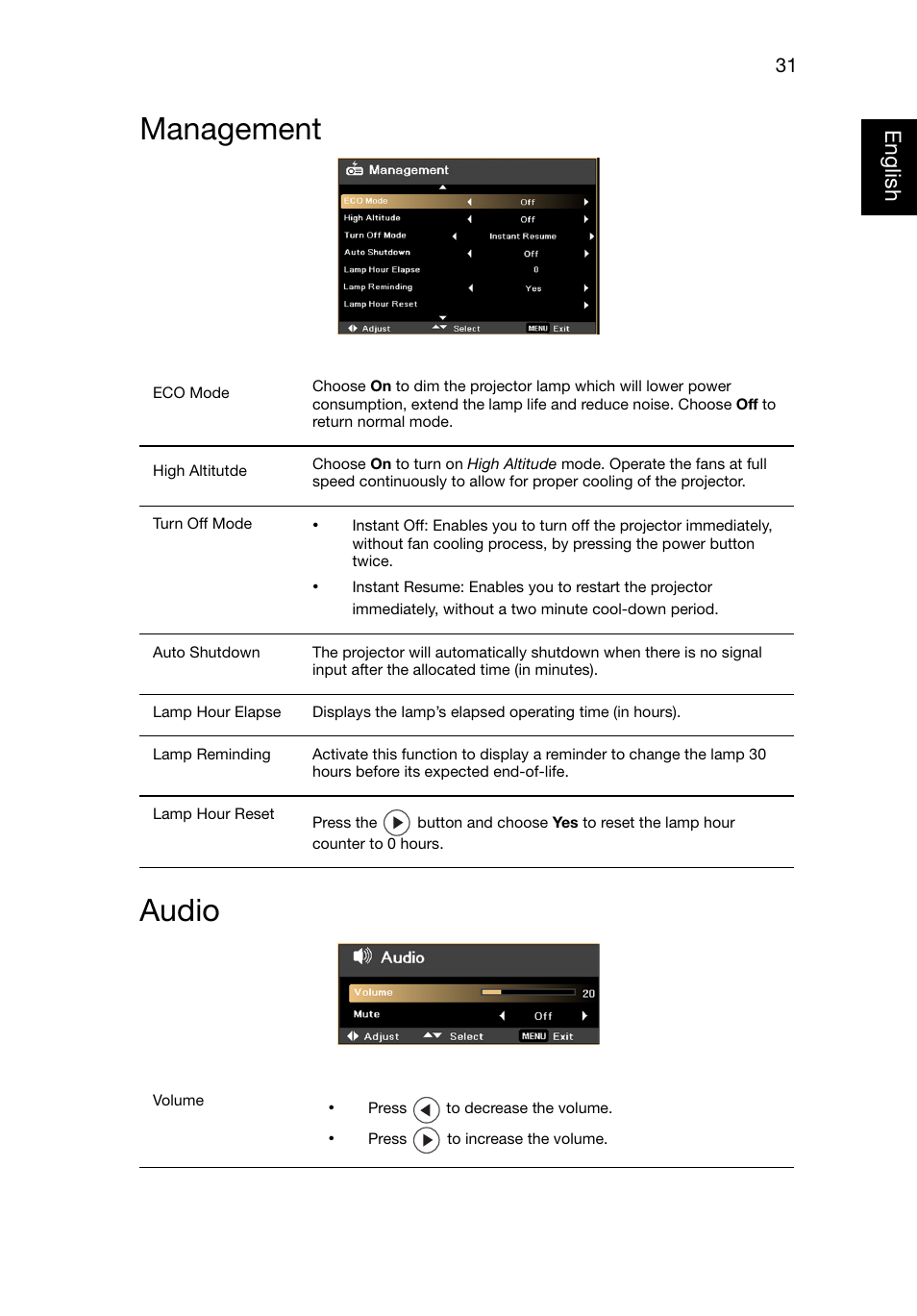 Management, Audio, Management audio | Eng lish english | Acer P1320W User Manual | Page 40 / 67