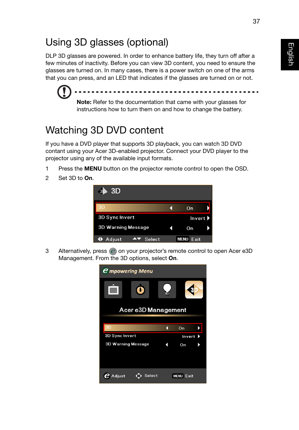 Using 3d glasses (optional), Watching 3d dvd content | Acer P1320W User Manual | Page 46 / 67