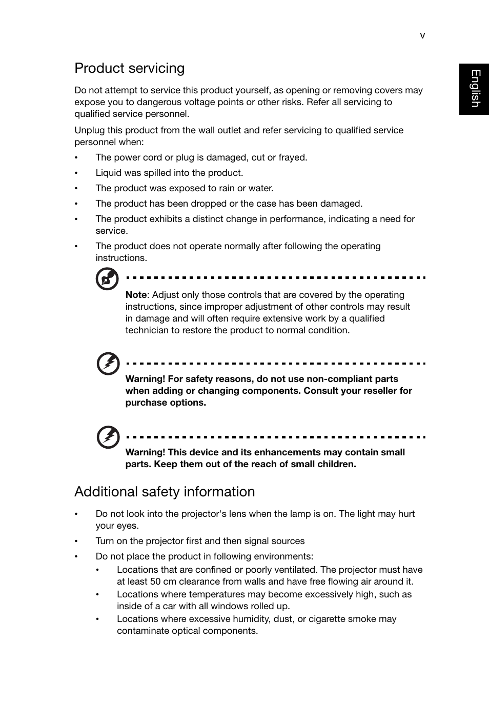 Product servicing, Additional safety information | Acer P1320W User Manual | Page 5 / 67