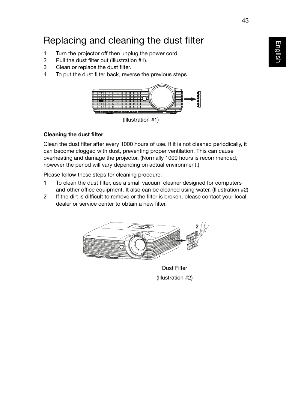 Replacing and cleaning the dust filter | Acer P1320W User Manual | Page 52 / 67