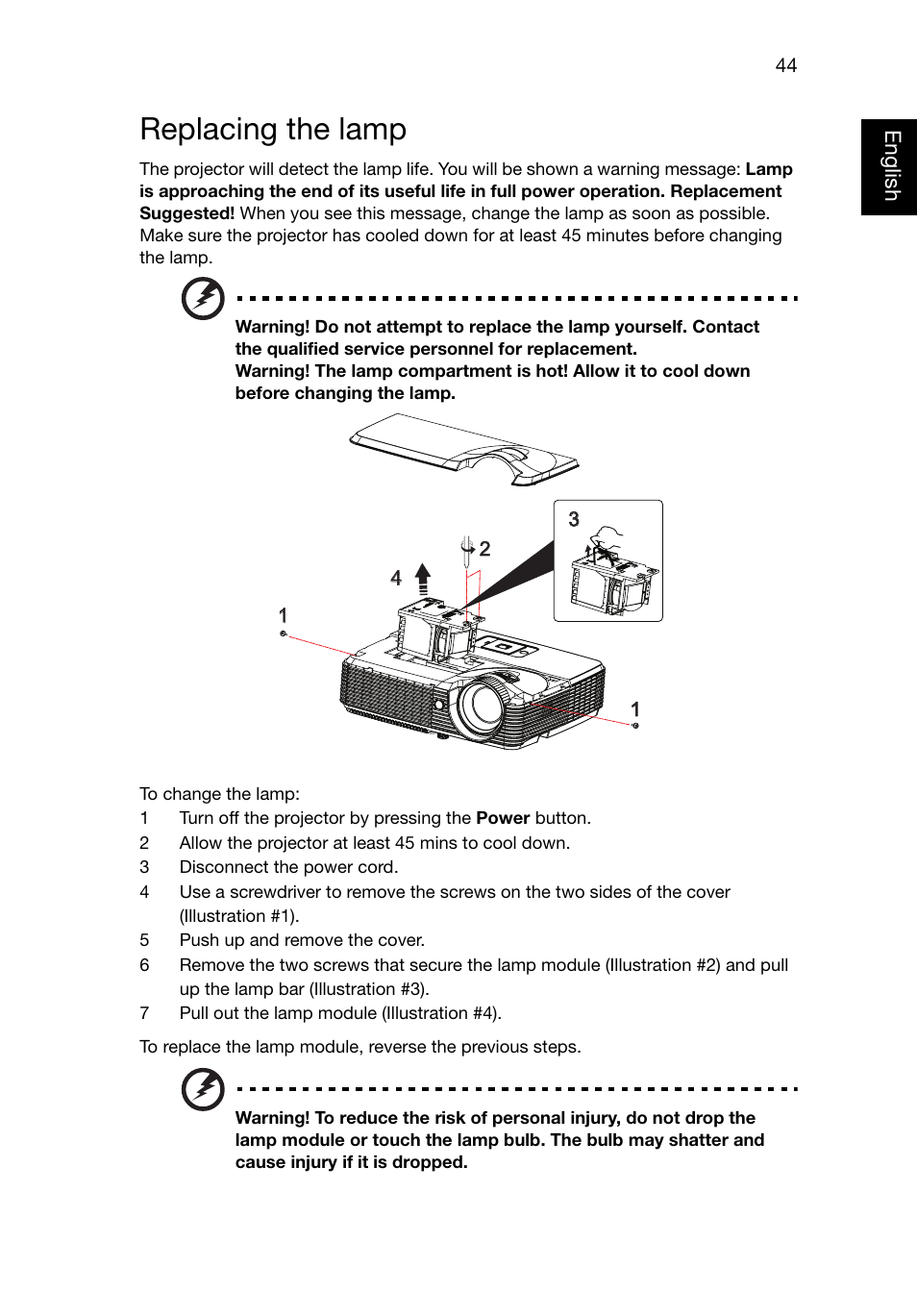 Replacing the lamp | Acer P1320W User Manual | Page 53 / 67