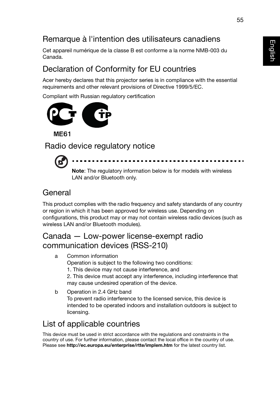 Remarque à l'intention des utilisateurs canadiens, Declaration of conformity for eu countries, Radio device regulatory notice | General, List of applicable countries | Acer P1320W User Manual | Page 64 / 67