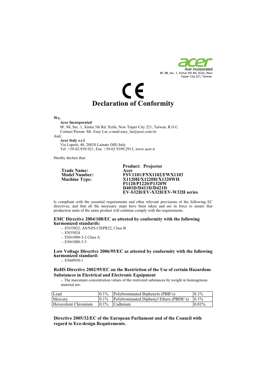 Declaration of conformity | Acer P1320W User Manual | Page 65 / 67