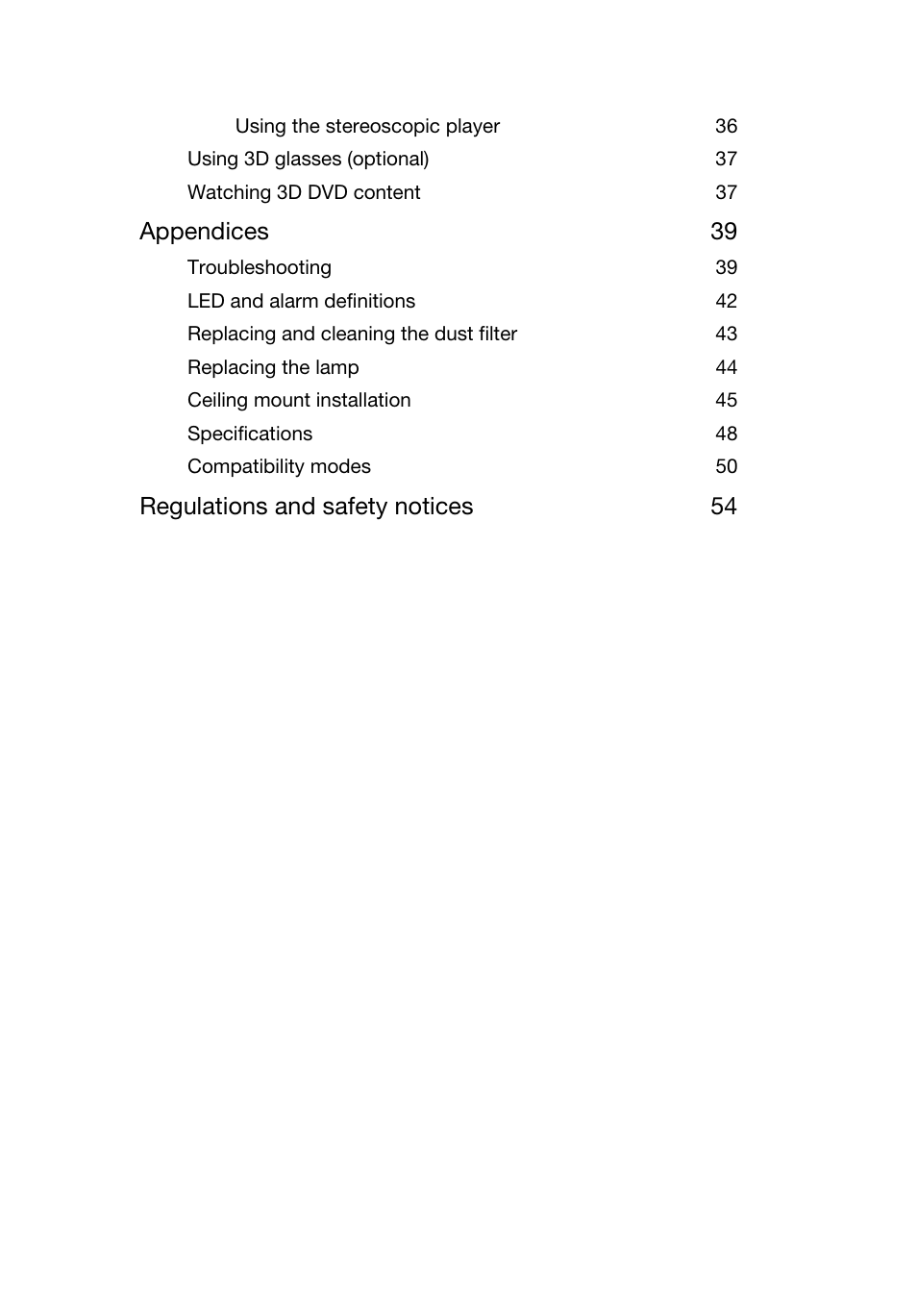 Appendices 39, Regulations and safety notices 54 | Acer P1320W User Manual | Page 9 / 67