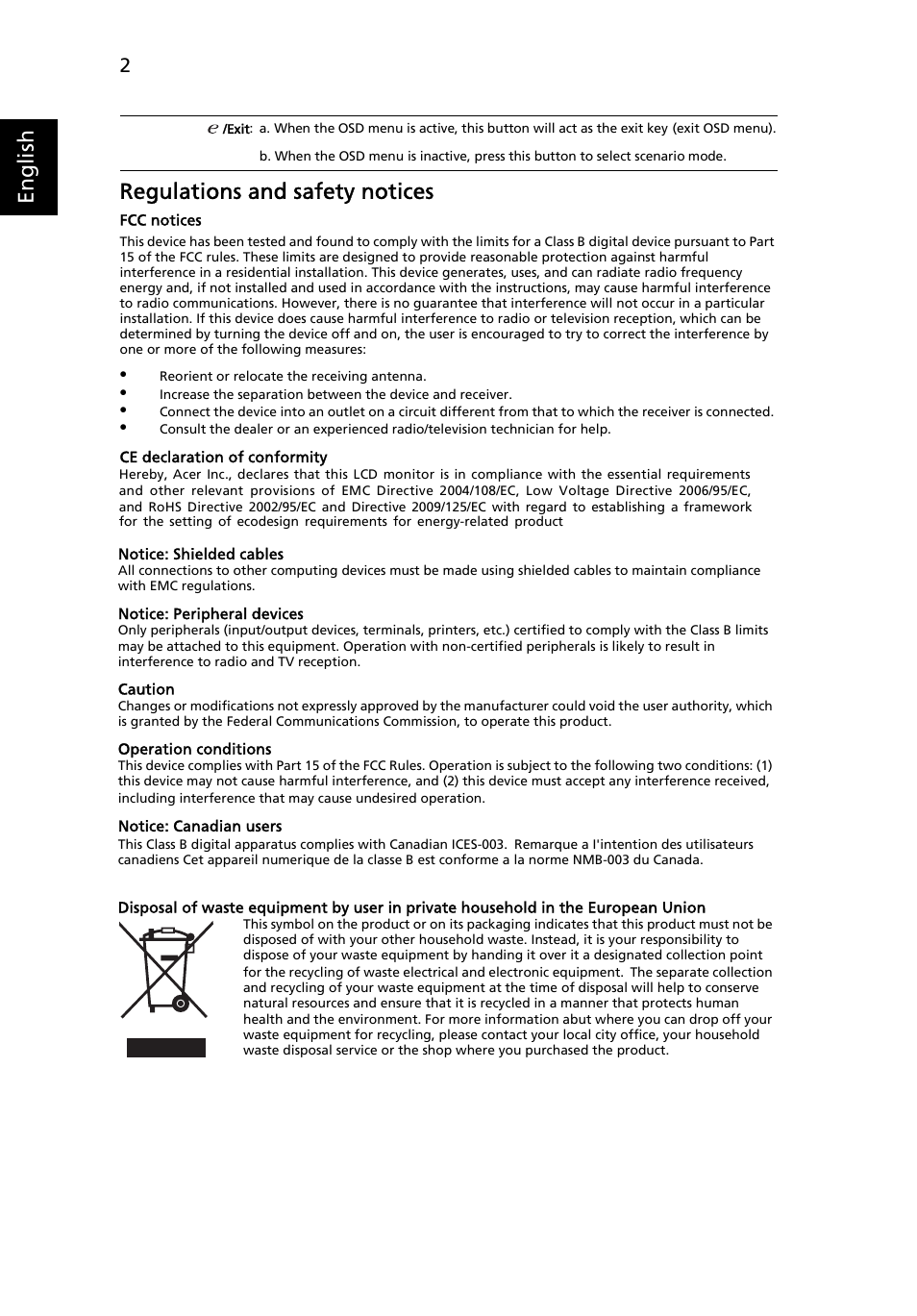 English regulations and safety notices | Acer V223WL User Manual | Page 2 / 2